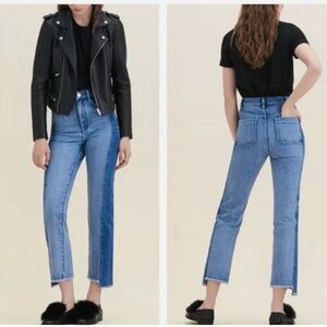 MAJE Packy Straight Cut Two Tone Faded Blue Jeans Gold Zipper FR 34 US 0